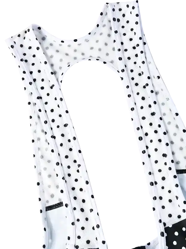 White cycling jersey with black polka dots, breathable mesh fabric, women's bike wear