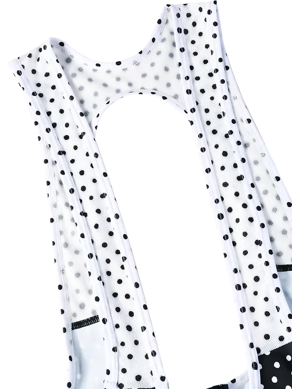 Black cycling bib shorts with white polka dot pattern - braces in white 