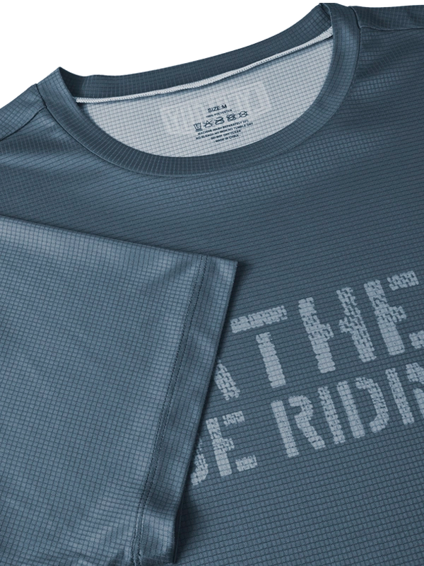 Blue Men's Tech t-shirt with 'Rather Be Riding' text  neck 