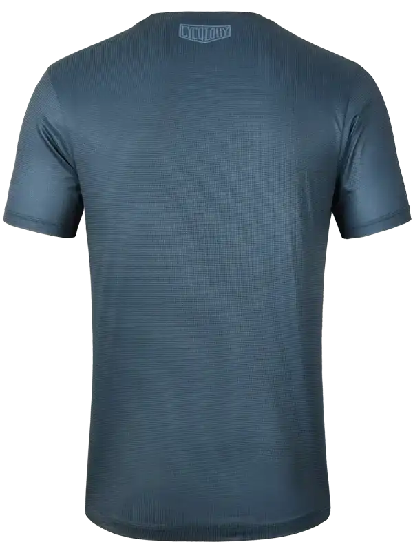 Men's cycling jersey back view, dark blue with subtle texture and small logo at neckline