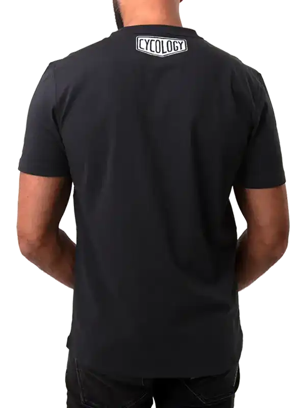 Black men's cycling t-shirt with Cycology logo on back, casual fit for bike rides