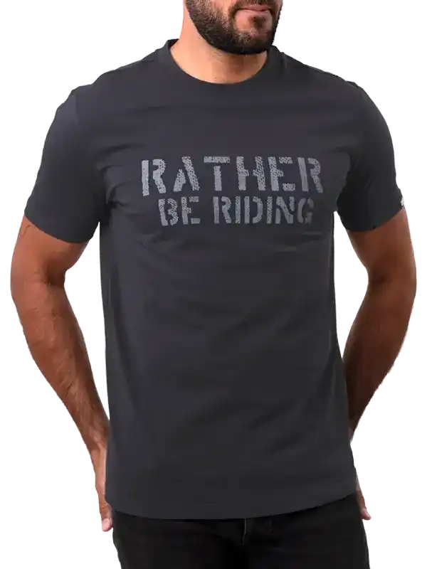 Men's dark grey cycling t-shirt with 'Rather Be Riding' graphic print, casual fit for cyclists
