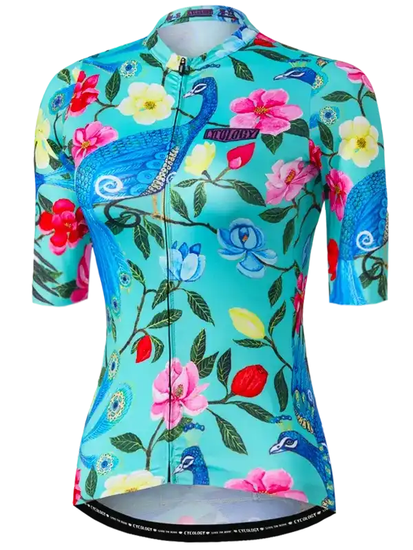 Women's cycling jersey with peacock and floral print, vibrant turquoise design for road biking