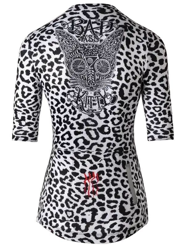 Women's leopard print cycling jersey with 'Bad Ass Kitty' graphic and red accents