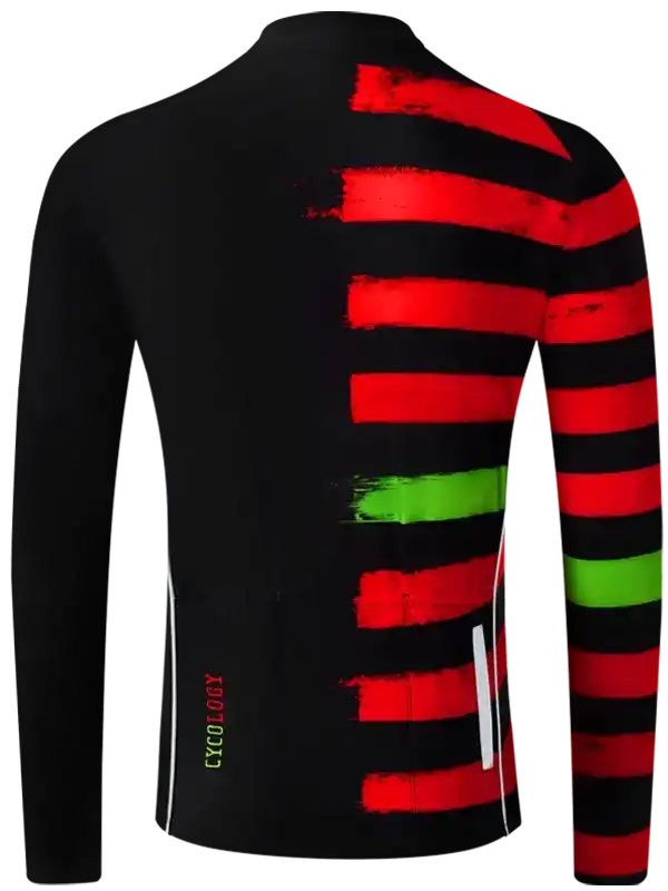 Men's cycling jersey with bold red and green brushstroke stripes on black, long sleeves, reflective details