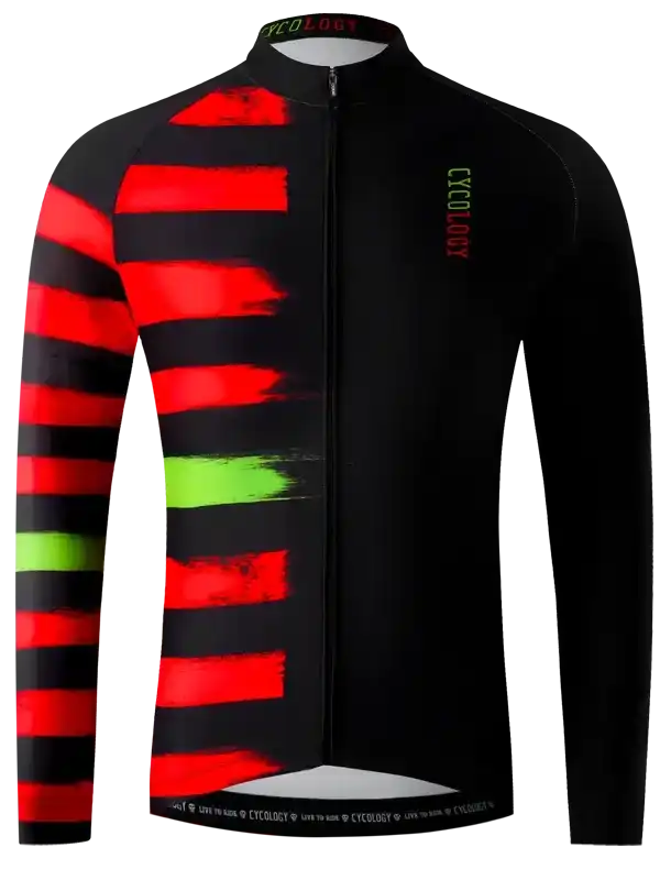 Men's cycling jersey with bold red and green brushstroke stripes on black, full-zip design for road biking.