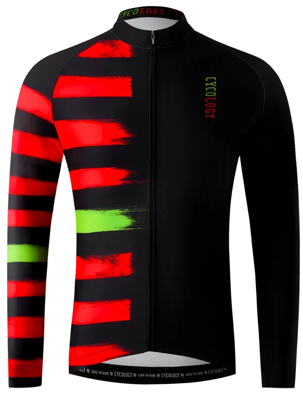 Red Zone Black Men's Winter Long Sleeve Cycling Jersey with red and green stripes on a black background
