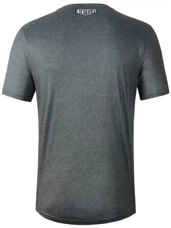 Grey men's cycling t-shirt with ribbed texture and small logo at neckline, ideal for active rides