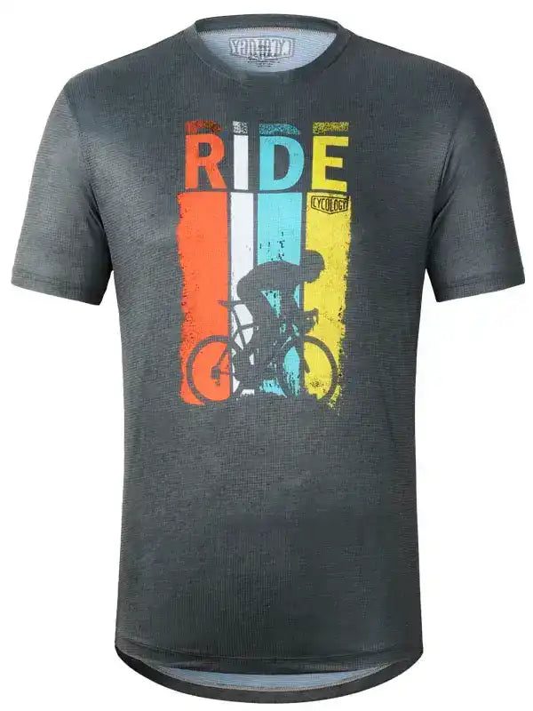 Men's cycling jersey with 'RIDE' graphic and cyclist silhouette on dark grey fabric