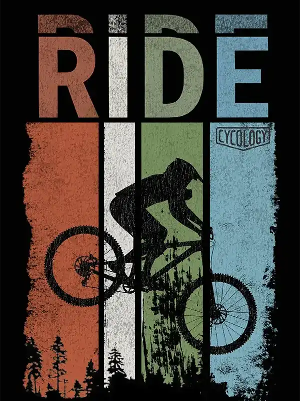Ride graphic t-shirt with mountain biker silhouette and forest scene, bold vintage design