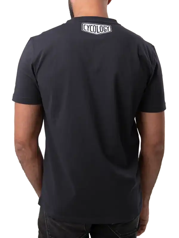Men's black cycling t-shirt with white Cycology logo on back, casual fit for active wear