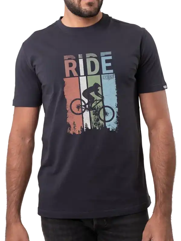 Men's cycling t-shirt with 'RIDE' graphic and mountain biker design on dark fabric