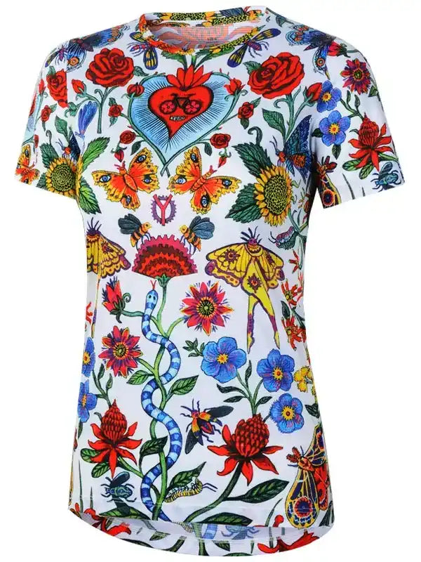 Women's cycling jersey with vibrant floral and butterfly print, featuring heart with bike design