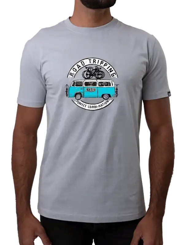 Men's cycling t-shirt with vintage van and bike graphic, road tripping design