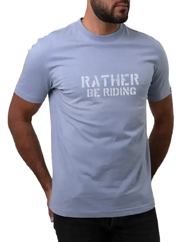 Men's light blue cycling t-shirt with 'Rather Be Riding' graphic, casual fit for bike enthusiasts