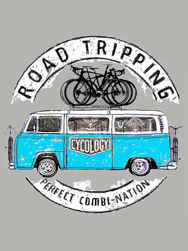 Cycology cycling apparel graphic with vintage van, bikes, and 'Road Tripping' text