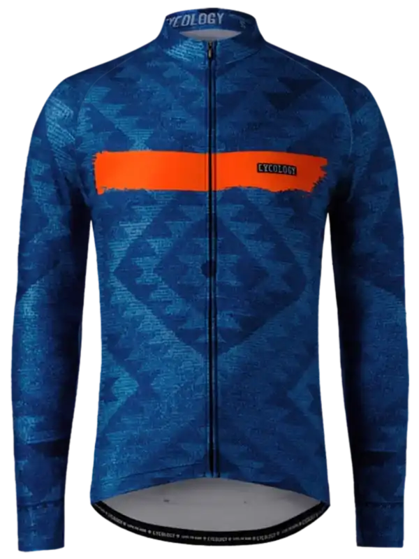 Blue long-sleeve cycling jersey with orange stripe and geometric pattern, ideal for men's or women's road biking