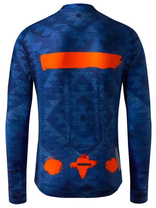 Blue cycling jersey with orange graphic design, long sleeves, rear pockets, and reflective details for men's or women's rides.