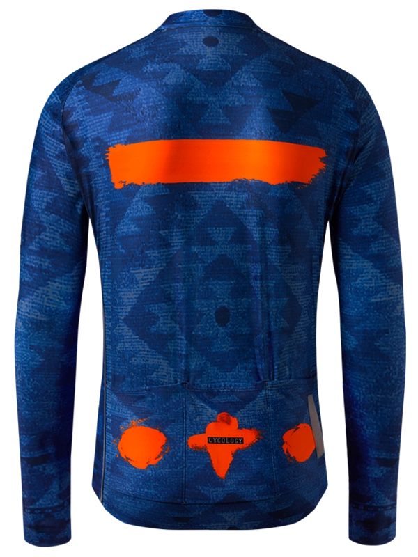 Blue long sleeve cycling jersey with orange stripe and logo across the back