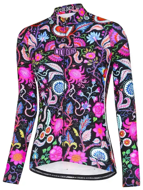 Women's long sleeve cycling jersey with vibrant floral and paisley print, full zip, black base