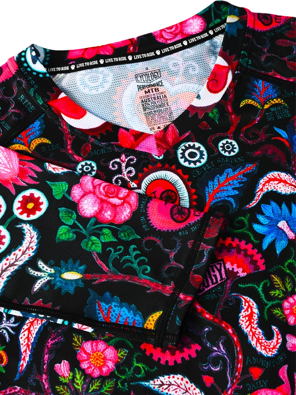 Women's Colorful floral and paisley patterned long-sleeve MTB Jersey on a Black background
