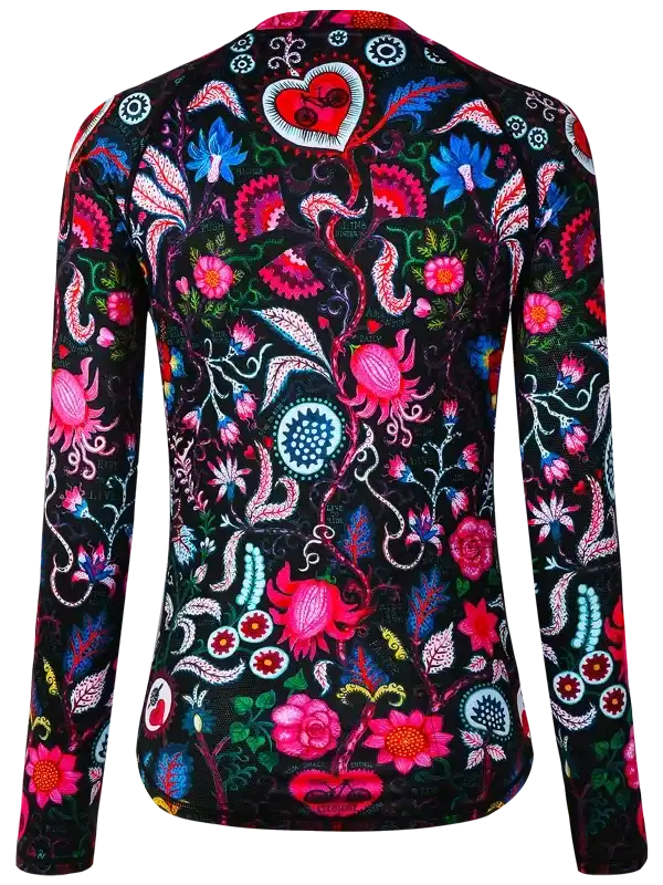 Vibrant floral cycling jersey with bold pink, blue, and red patterns on black fabric