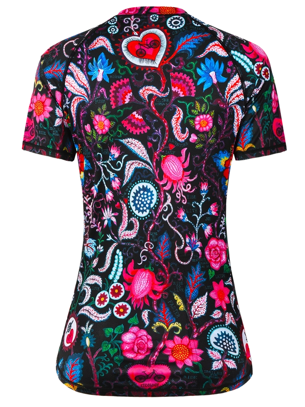Women's Colorful floral and paisley patterned long-sleeve MTB Jersey on a Black background
