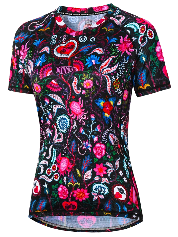 Women's Colorful floral and paisley patterned long-sleeve MTB Jersey on a Black background