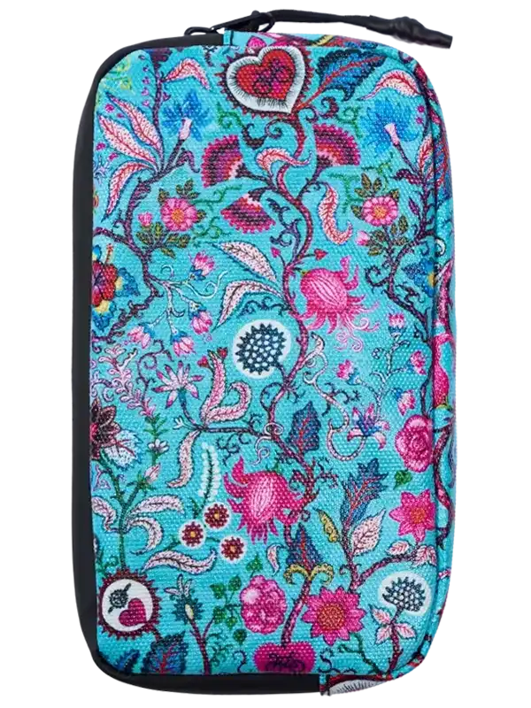 Vibrant floral-patterned cycling accessory pouch with pink hearts and turquoise background