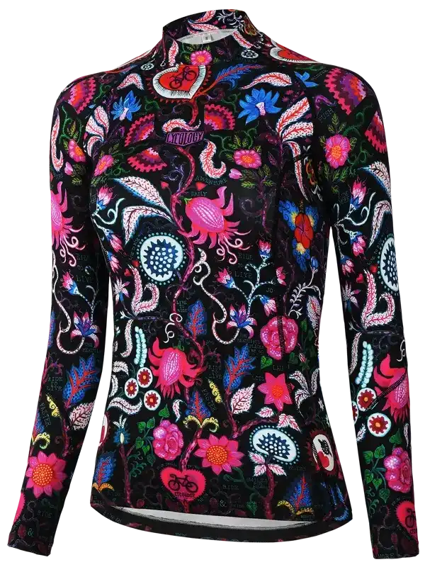 Women's long sleeve cycling jersey with vibrant floral and paisley print on black background