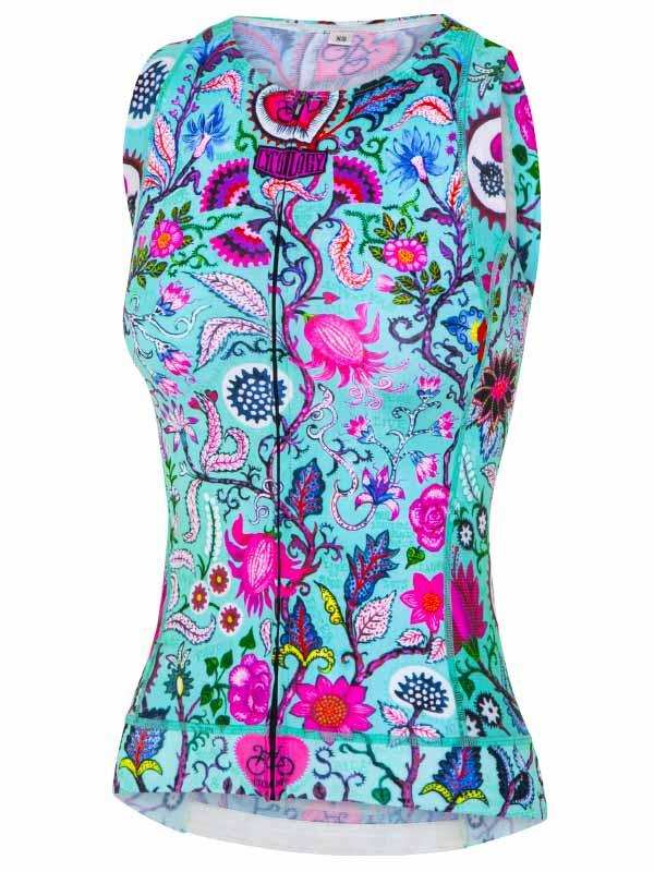 Vibrant floral cycling jersey with bold pink and blue patterns, designed for women's bike rides