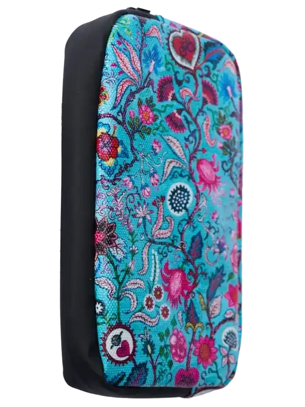 Vibrant floral patterned cycling accessory bag with turquoise background and pink accents