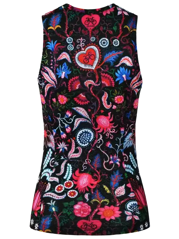 Women's sleeveless cycling jersey with vibrant floral and heart pattern on black background