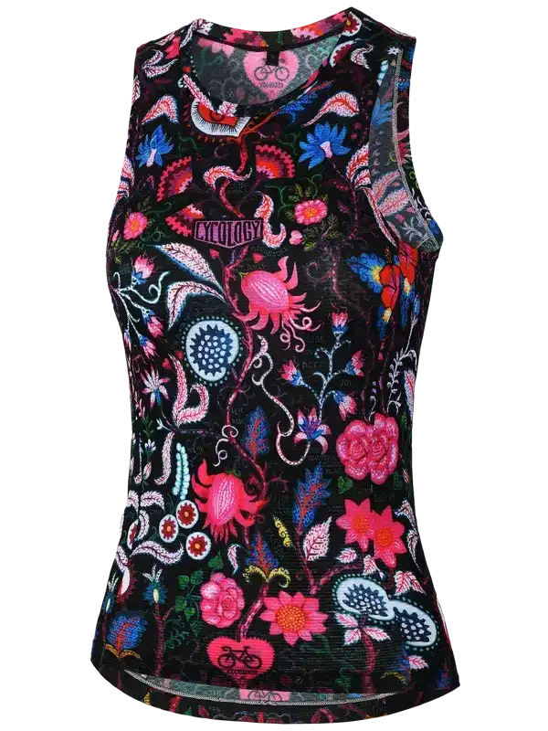 Women's cycling tank top with vibrant floral and octopus print on black fabric, ideal for bike rides.