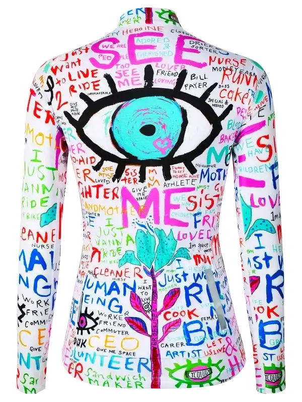 Women's cycling jersey with bold eye graphic and colorful text design, ideal for road biking