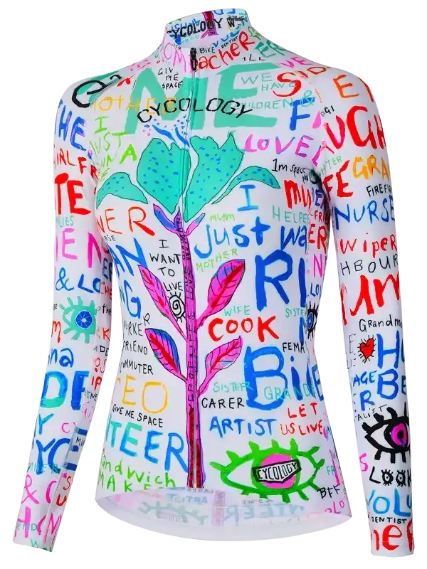Colorful women's cycling jersey with bold graphic print, featuring tree design and empowering words for road bike rides.