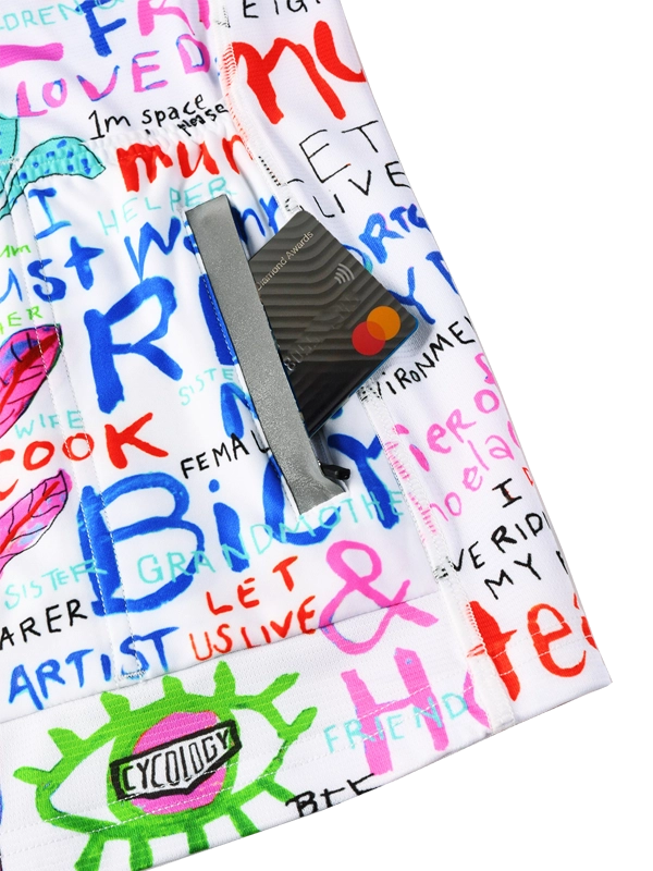 Colorful  women's long-sleeve cycling jersey with artistic designs and text on a white background pockets 