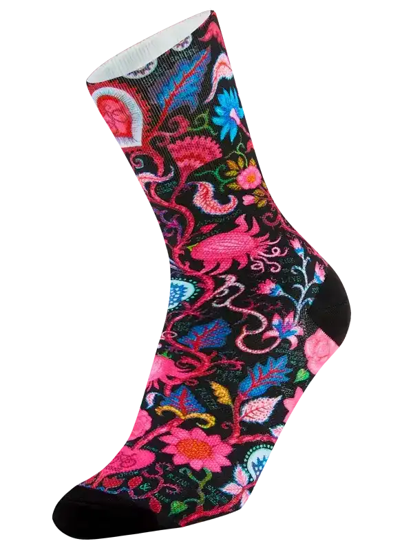 Vibrant floral cycling sock with pink, blue, and black pattern for men and women