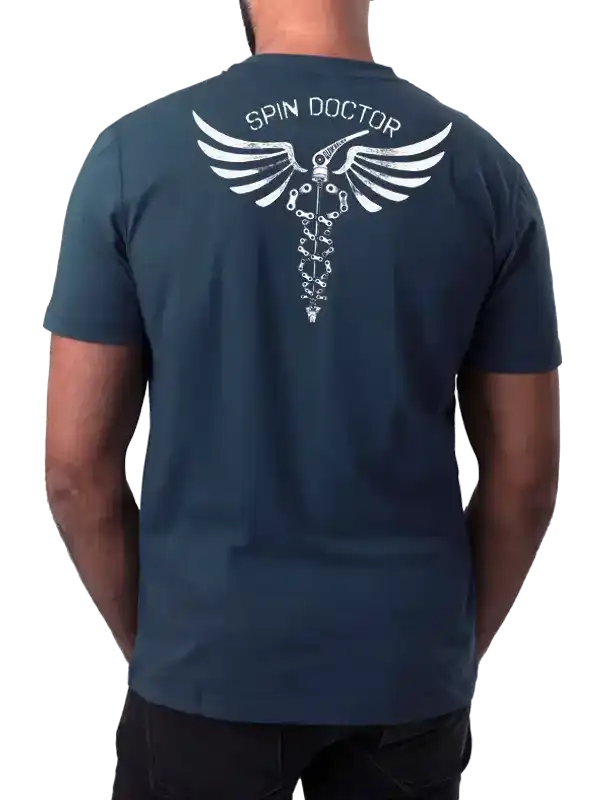 Men's dark blue cycling t-shirt with 'Spin Doctor' winged chain graphic design on back