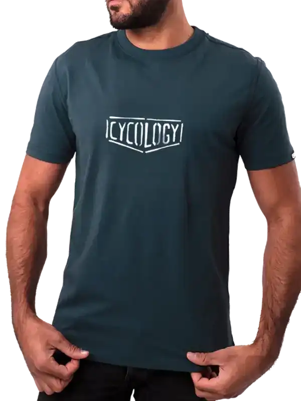 Men's dark green cycling t-shirt with white logo, stylish and comfortable for rides