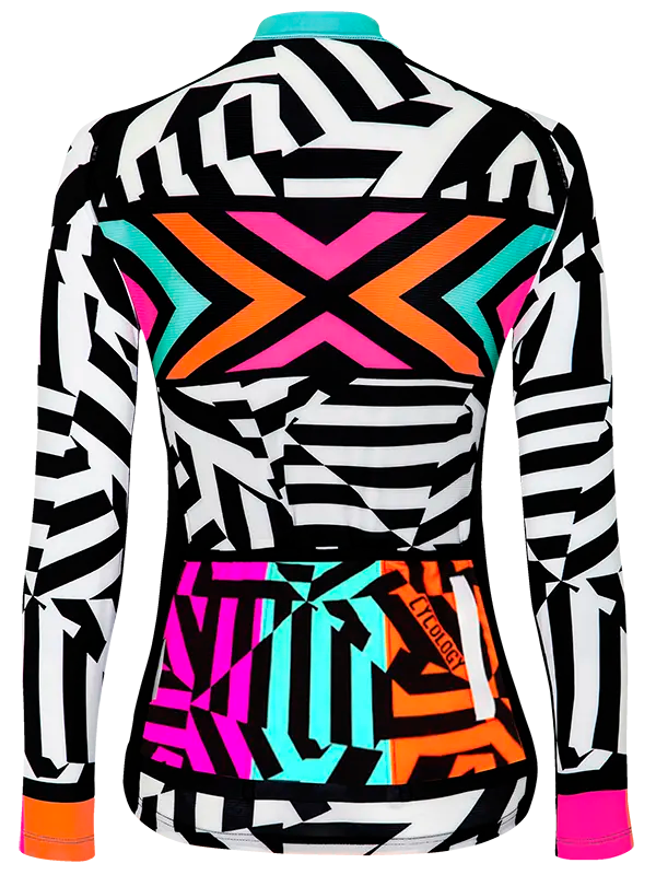 A long-sleeve cycling jersey shown from the back, featuring a bold geometric pattern in black, white, neon pink, orange, and turquoise on a white background.