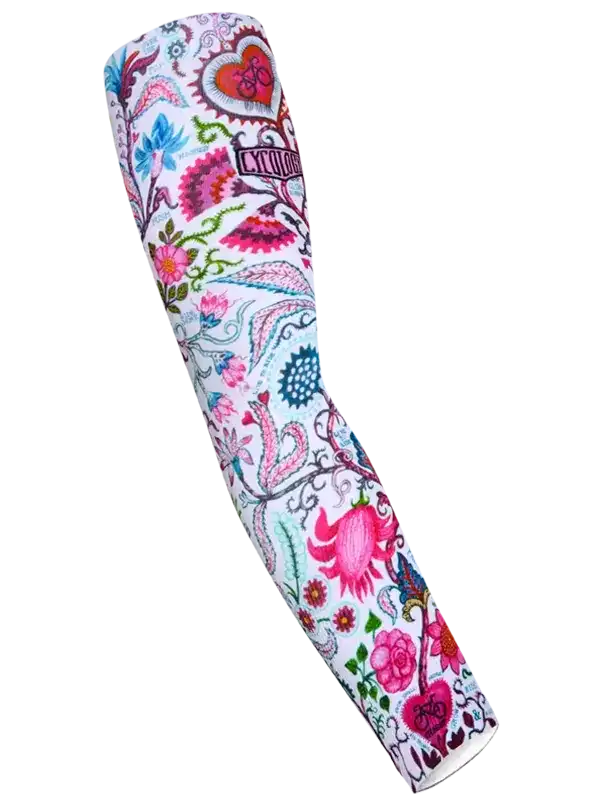 Colorful floral cycling arm sleeve with heart and bike motifs, ideal for women's bike rides