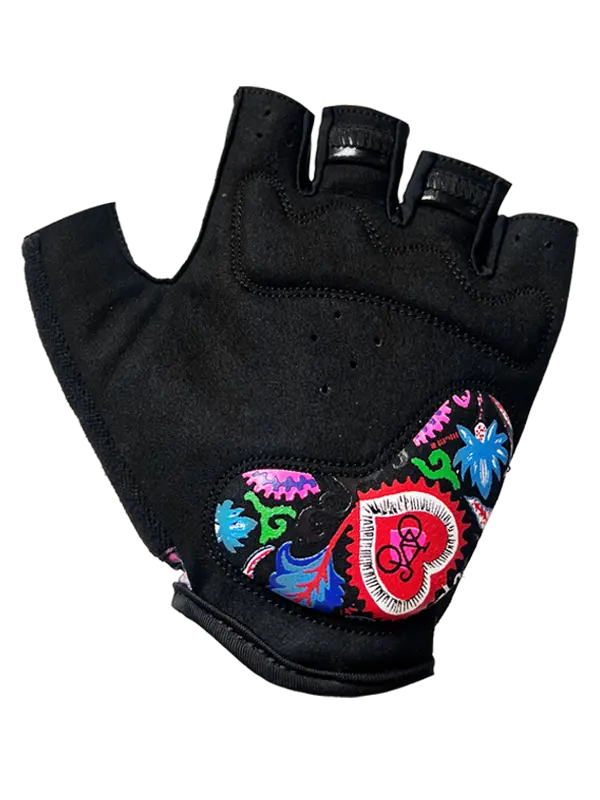 Black glove with colorful designs on palm