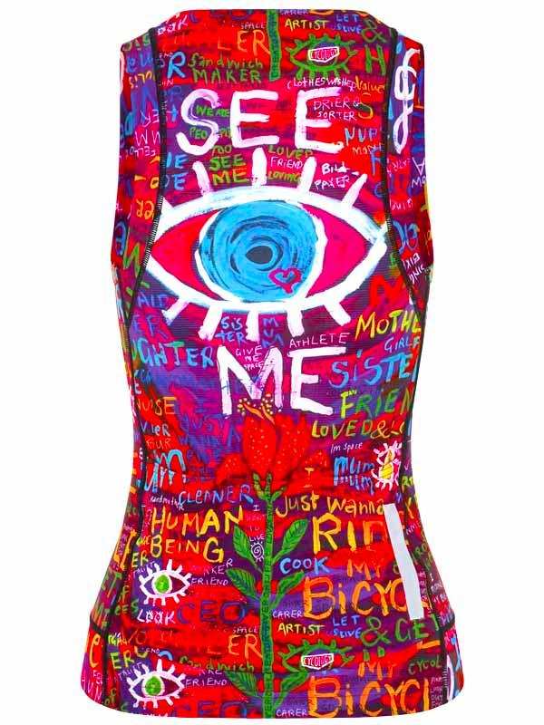 Women's cycling vest with bold 'SEE ME' eye graphic and colorful graffiti-style text design