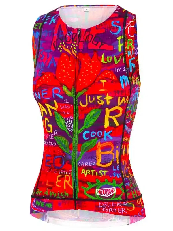Women's colorful cycling vest with graffiti-style art and floral design, featuring full zip and brand logo.