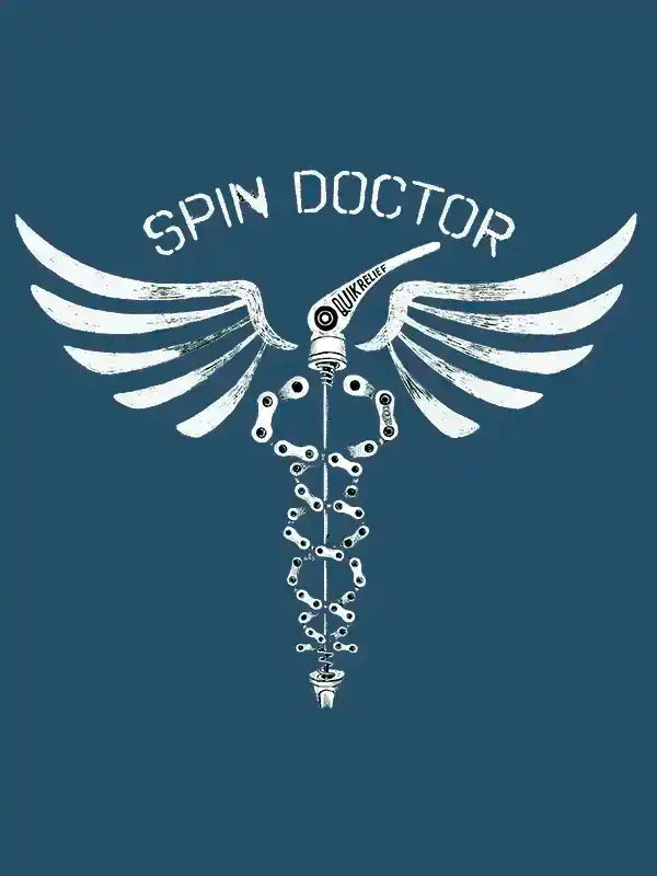 Spin Doctor cycling graphic with winged bike chain design on teal background