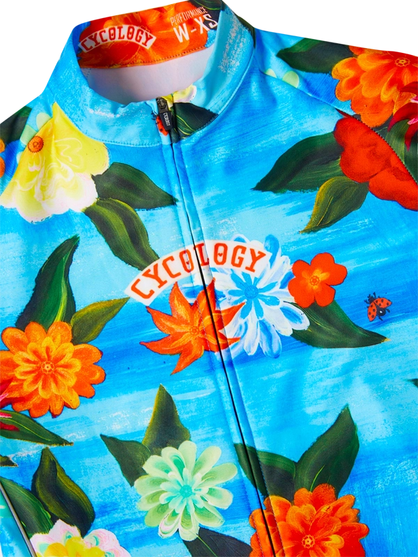 Blue Long Sleeve women's Winter cycling jersey with colorful floral design 