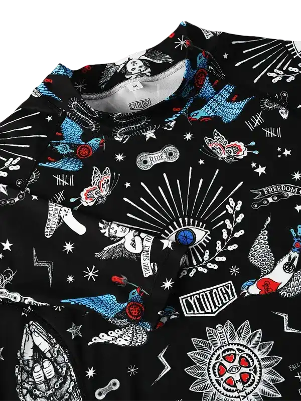 Black cycling jersey with bold tattoo-style graphics, birds, eyes, and stars for men's and women's rides