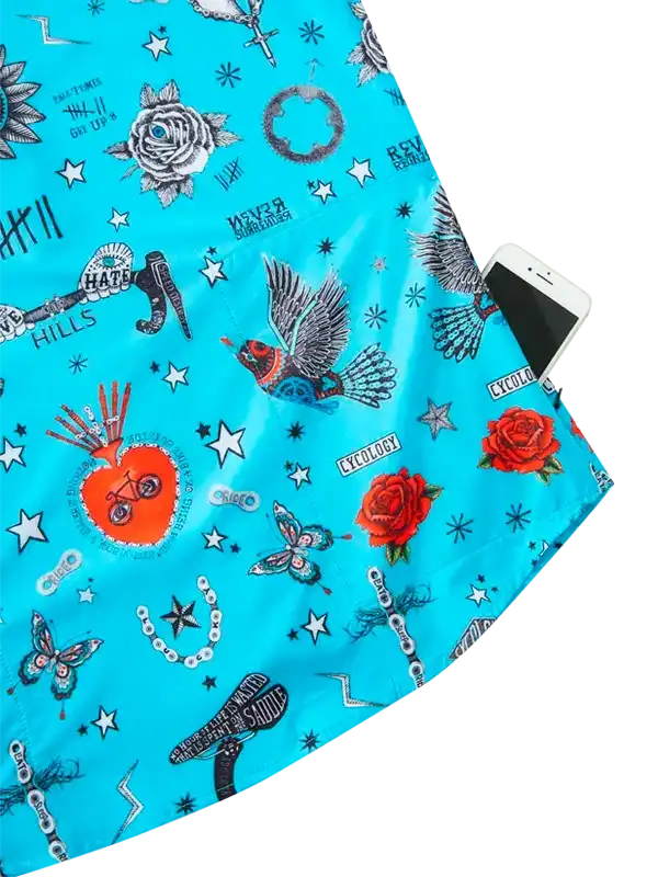 Vibrant blue cycling jersey with roses, birds, stars, and bike graphics; phone in pocket