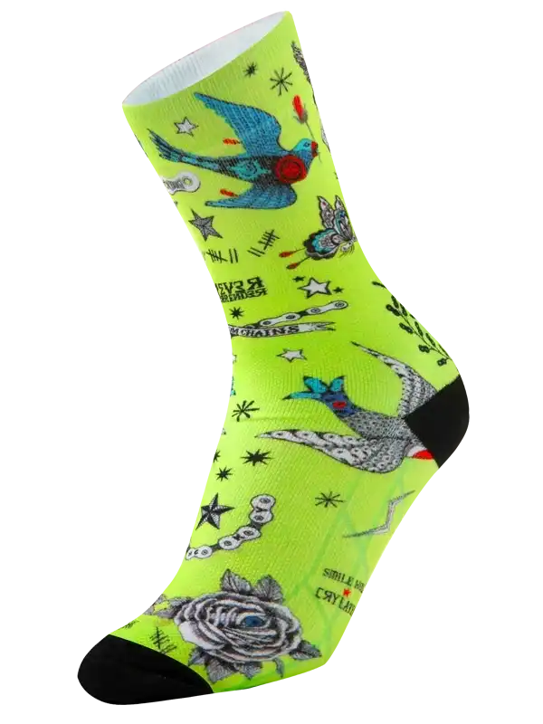 Neon green cycling socks with bird, rose, and chain tattoo designs for men and women